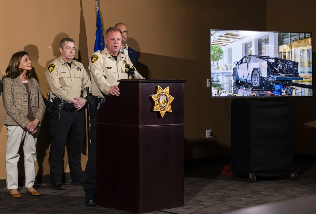 Clark County Sheriff Kevin McMahill briefs the media about the Tesla Cybertruck that exploded in front of the entrance to Trump International Hotel in Las Vegas, on Jan. 1, 2025. (Chase Stevens/Las Vegas Review-Journal via AP)