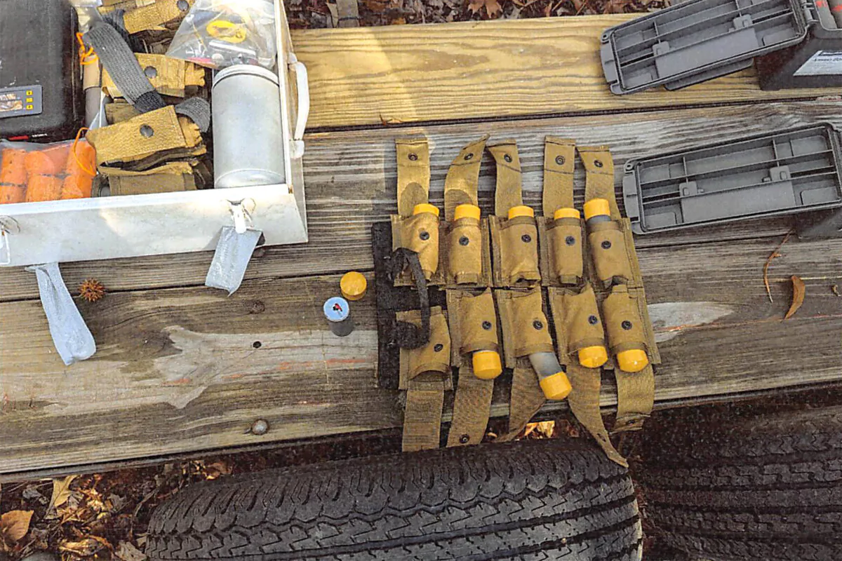 A stockpile of homemade explosives Federal agents seized when they arrested Brad Spafford, a Virginia man on a firearms charge in Dec. 2024. (U.S. Attorney’s Office, Eastern District of Virginia via AP)