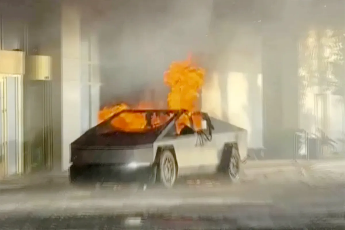 A Tesla Cybertruck that exploded outside President-elect Donald Trump's Las Vegas hotel early on Jan. 1, 2025. (Alcides Antunes via AP)