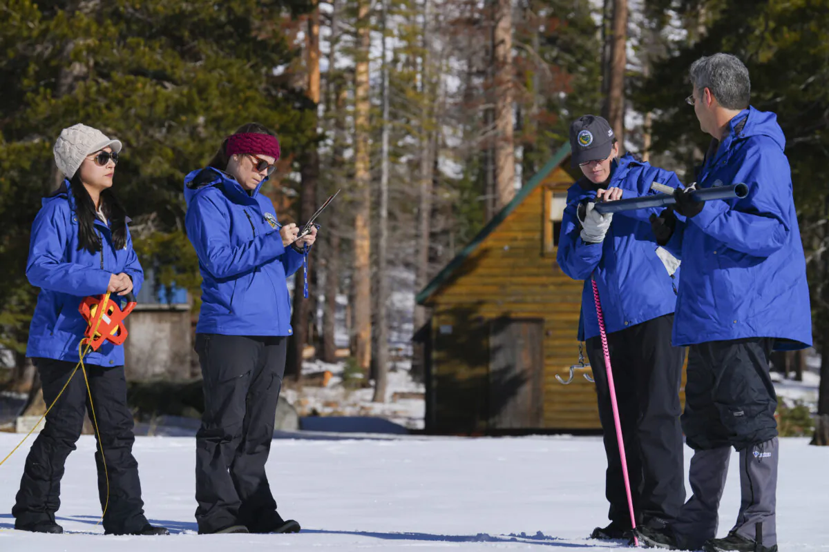 (L–R) Angelique Fabbiani-Leon, Manon von Kaenel, Jordan Thoennes, and Andy Reising from the California Department of Water Resources conduct the first snow survey of the season to assess how much water the state might have come spring and summer at Phillips Station on Jan. 2, 2025. (Brooke Hess-Homeier/AP Photo)