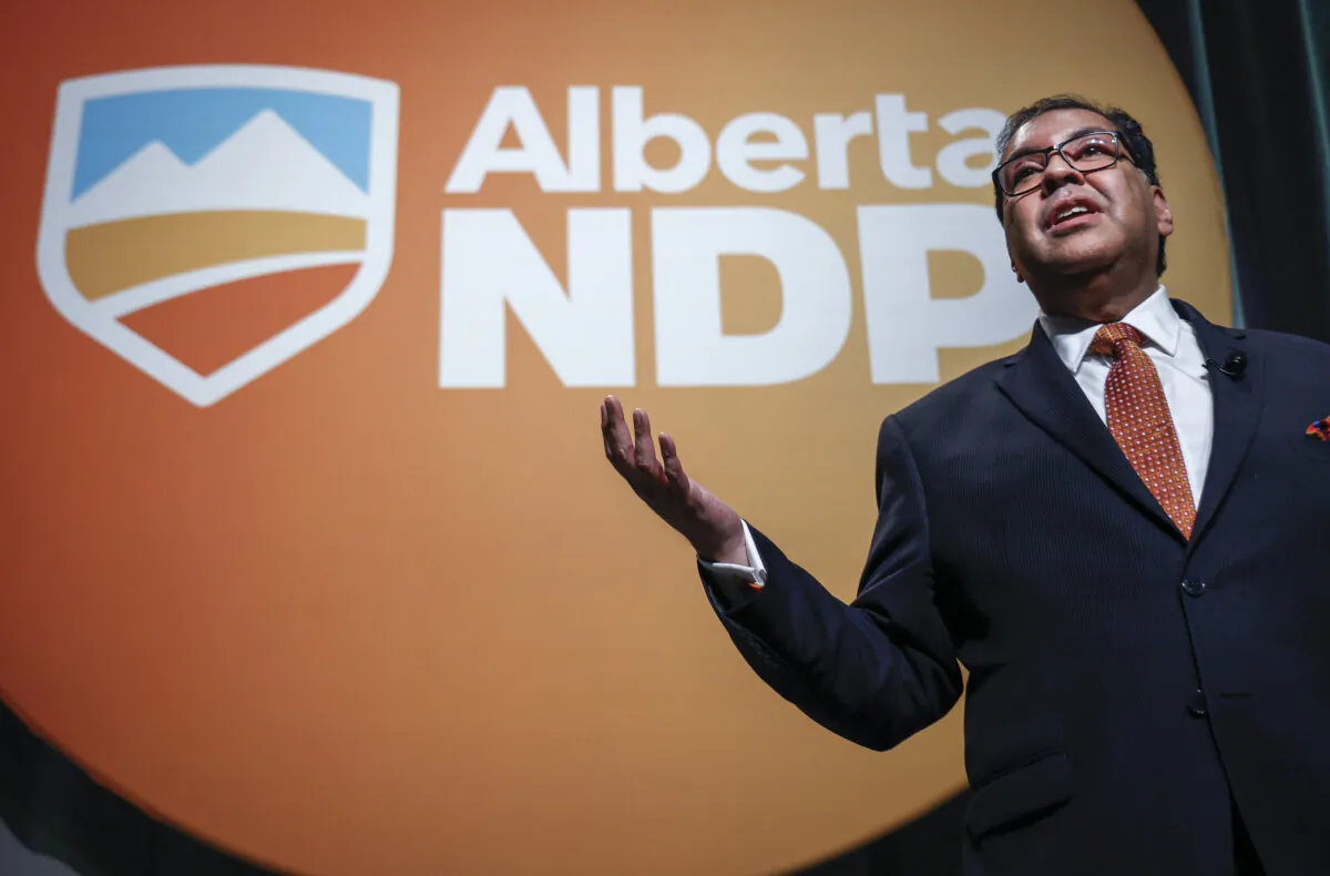 Naheed Nenshi delivers his acceptance speech after being named as the new leader of the Alberta NDP in Calgary, June 22, 2024. (THE CANADIAN PRESS/Jeff McIntosh)