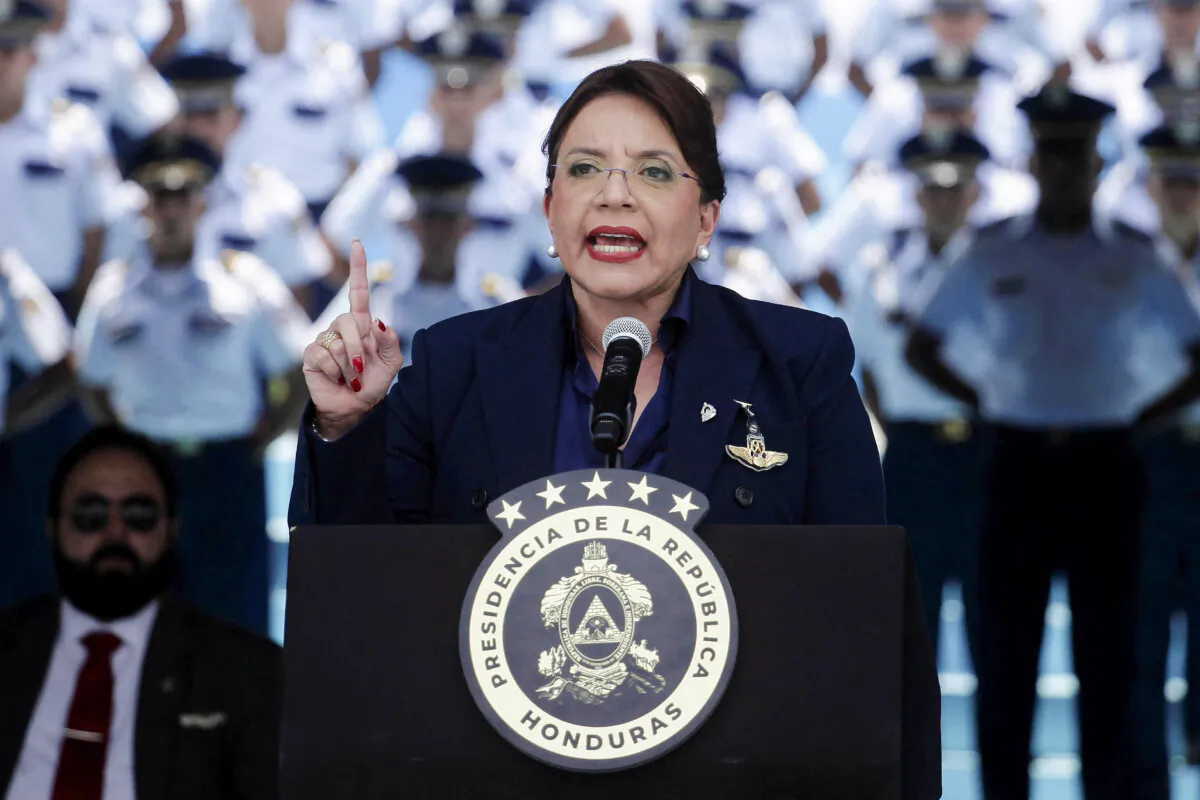 Honduras President Xiomara Castro delivers a speech at the Hernan Acosta Air Base in Tegucigalpa, Honduras, on April 21, 2023. (Fredy Rodriguez/Reuters)