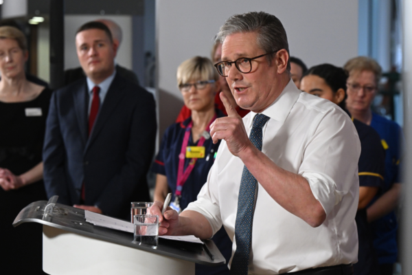 Prime Minister Sir Keir Starmer delivers a speech on his “plan for change” commitments on health care during a visit to Elective Orthopaedic Centre in Epsom, Surrey, England, on Jan. 6, 2025. (Leon Neal/PA Wire)