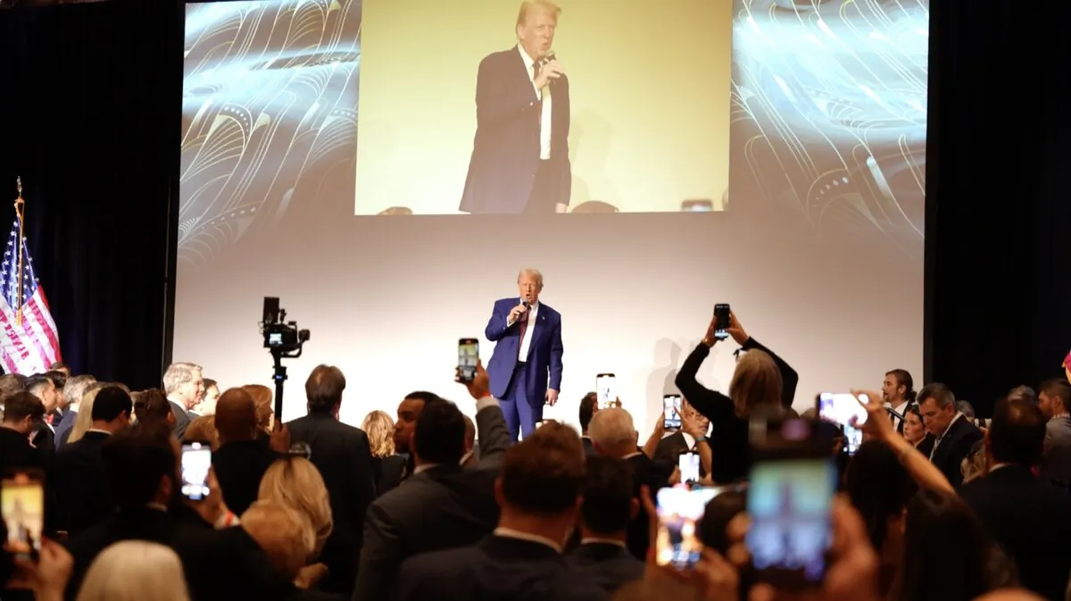 President-elect Donald Trump addresses guests ahead of the screening of “The Eastman Dilemma” at Mar-a-Lago in Palm Beach, Fla., on Jan. 4, 2025. (NTD/Screenshot via The Epoch Times)
