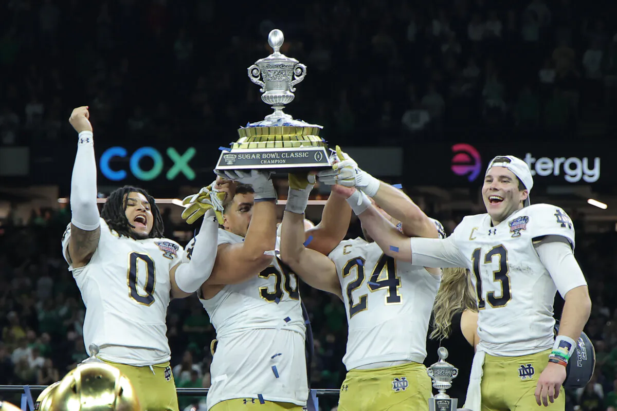 The Notre Dame Fighting Irish celebrate with the trophy after a 23–10 victory against the Georgia Bulldogs during the 91st Allstate Sugar Bowl at Caesars Superdome in New Orleans, La., on Jan. 2, 2025. (Jonathan Bachman/Getty Images)