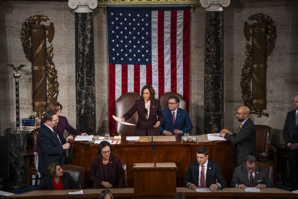 Vice President Kamala Harris and House Speaker Mike Johnson (R-La.) preside over a joint session of Congress to certify the 2024 Presidential election in Washington on Jan. 6, 2025. (Madalina Vasiliu/The Epoch Times)