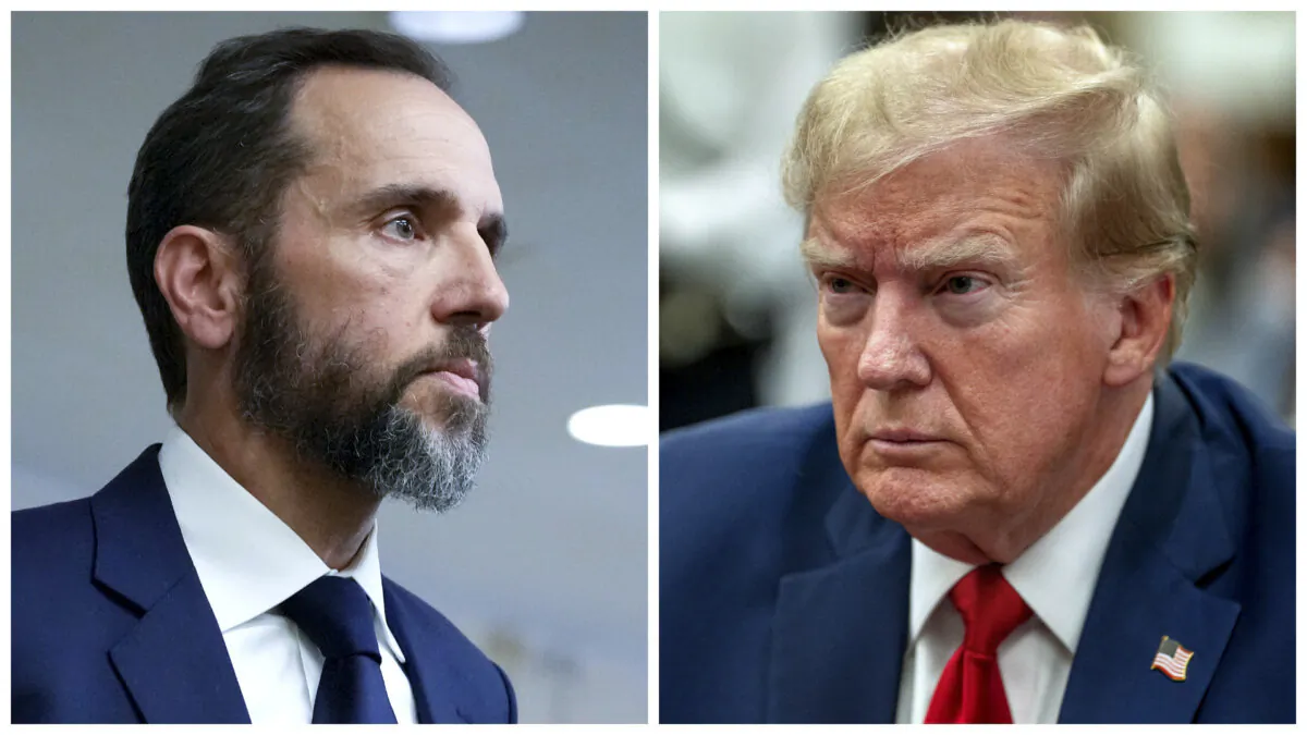 (Left) Special Counsel Jack Smith delivers remarks in Washington on Aug. 1, 2023. (Right) Former President Donald Trump attends his trial in New York State Supreme Court in New York City on Dec. 7, 2023. (Drew Angerer, David Dee Delgado/Getty Images)