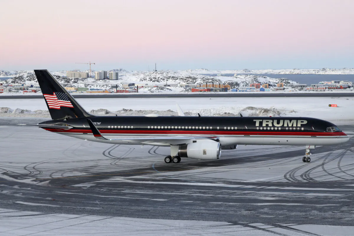 A plane carrying Donald Trump Jr. arrives in Nuuk, Greenland, on Jan. 7, 2025. (Emil Stach/Ritzau Scanpix via Reuters)