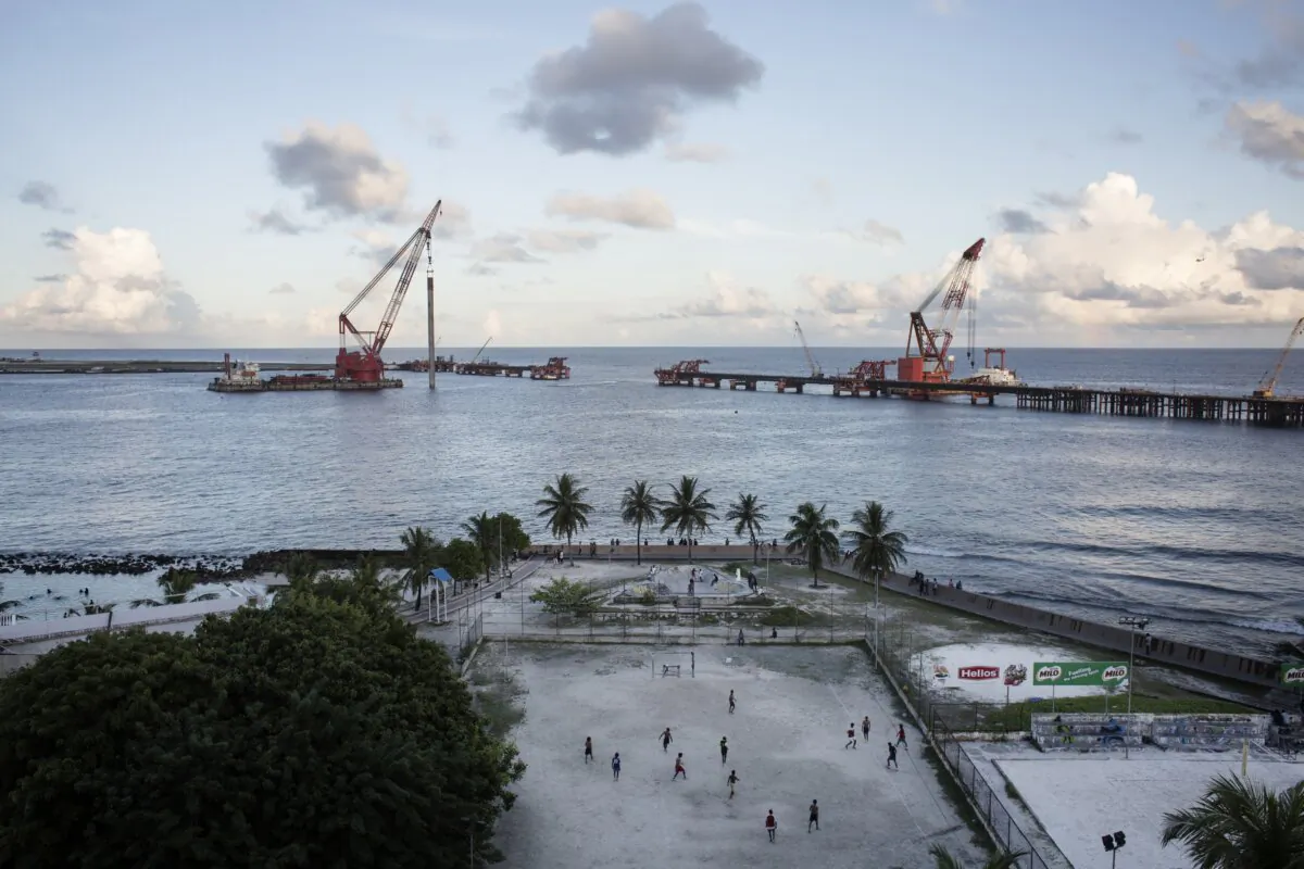 A general view of the Chinese-led bridge construction project connecting the capital island Male to the airport island of Hulhule in Male, Maldives, on Oct. 27, 2016. (Aishath Adam/Getty Images)
