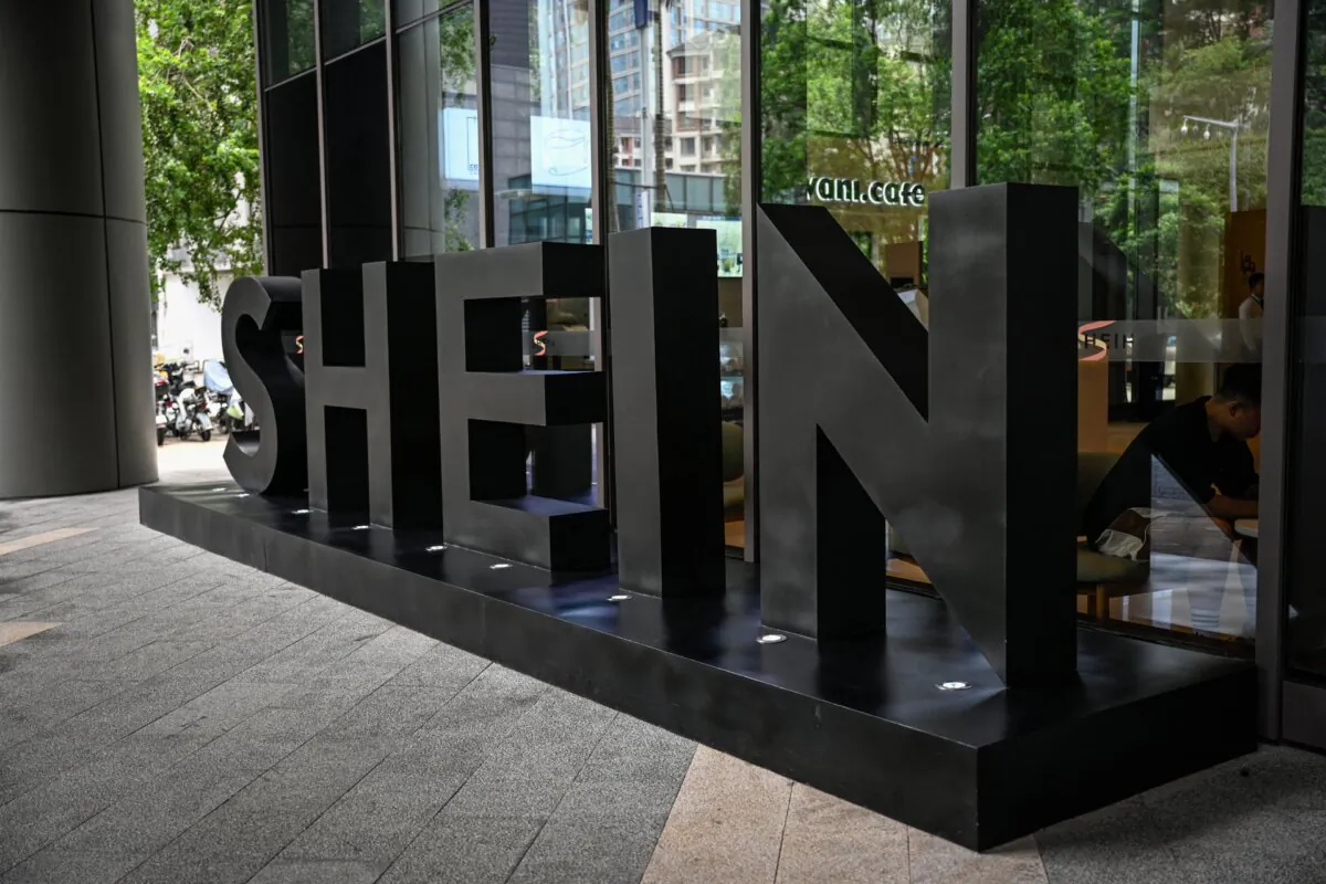 The logo of fast fashion e-commerce company Shein outside its office in Guangzhou, southern China, on June 11, 2024. (Jade Gao/AFP via Getty Images)