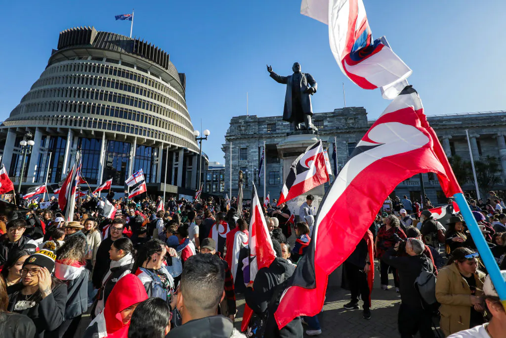People attend a protest criticising the government for its policies toward the Indigenous Maori population outside the New Zealand Parliament in Wellington on May 30, 2024. (Dave Lintott/AFP via Getty Images)