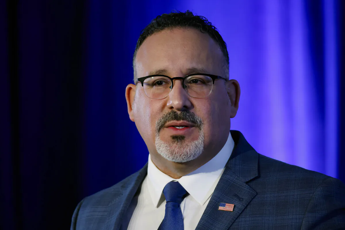 Education Secretary Miguel Cardona delivers remarks at the department's Lyndon Baines Johnson Building in Washington on Jan. 27, 2022. (Chip Somodevilla/Getty Images)