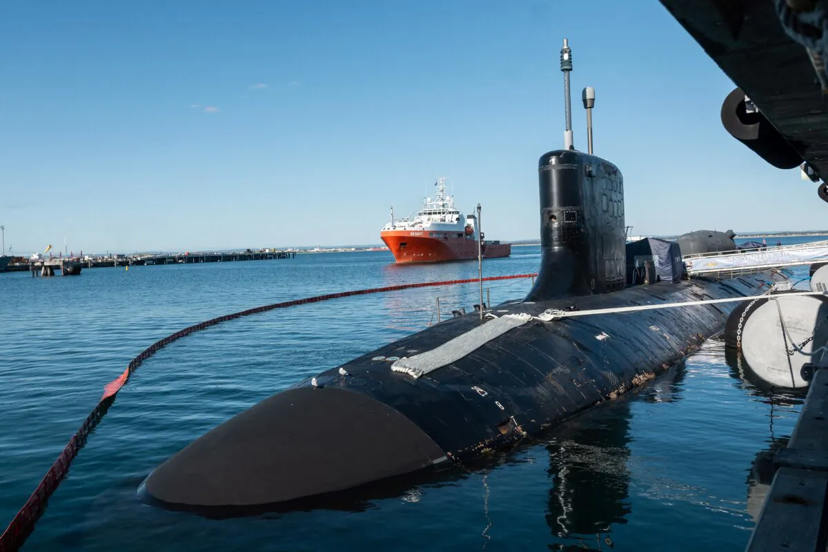 A U.S. Navy Virginia-class submarine docks at the HMAS Stirling port in Perth, Australia, on Aug. 4, 2023. (Tony McDonough/AFP via Getty Images)