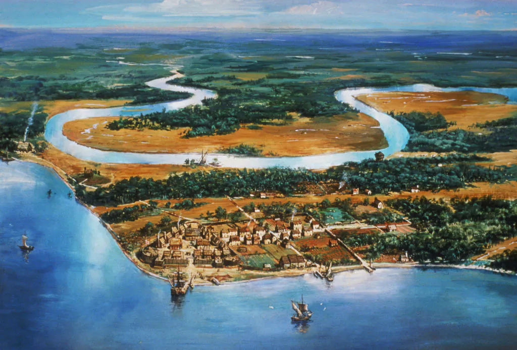 The village of Jamestown, the first permanent English settlement in America, situated on the James River, Virginia, circa 1615. The painting is by National Park Service artist Sydney King (1906–2002). (MPI/Getty Images)