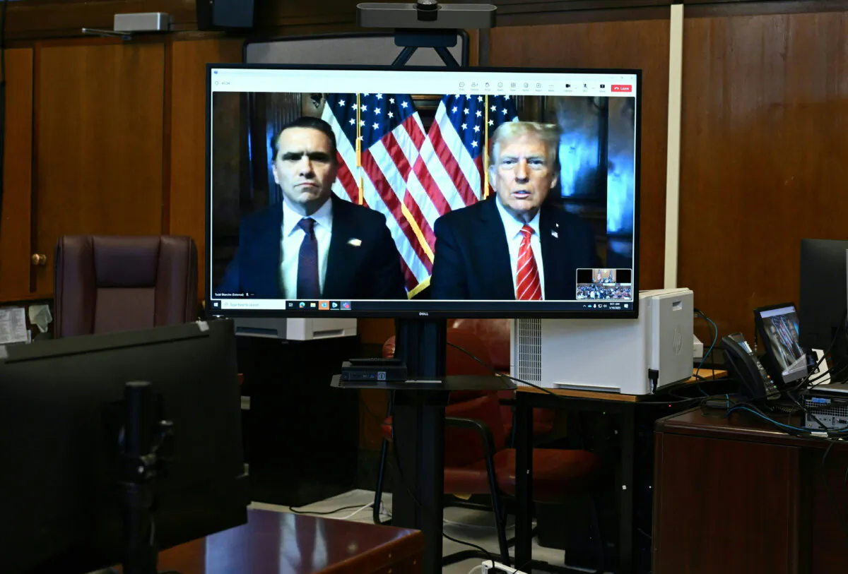 President-elect Donald Trump appears remotely for a sentencing hearing in front of New York State Judge Juan Merchan with his attorney Todd Blanche (L) at Manhattan Criminal Court in New York City on Jan. 10, 2025. (Angela Weiss - Pool/Getty Images)