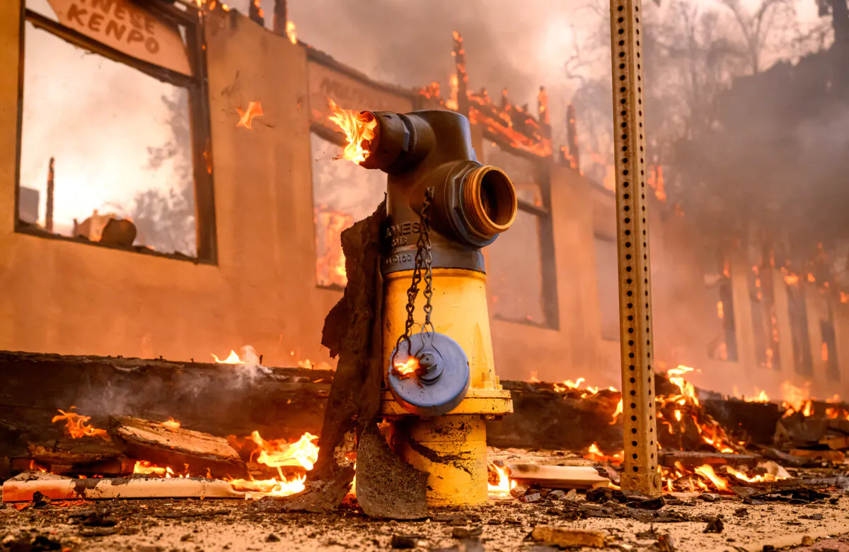 A fire hydrant burns during the Eaton fire in the Altadena area of Los Angeles county, Calif., on Jan. 8, 2025. (Josh Edelson/AFP via Getty Images)