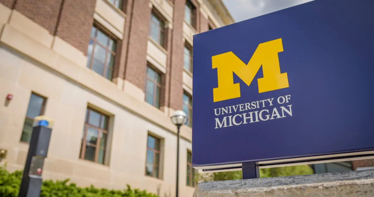 The logo of the University of Michigan in Ann Arbor, Mich., on May 27, 2022. (University of College/Shutterstock)