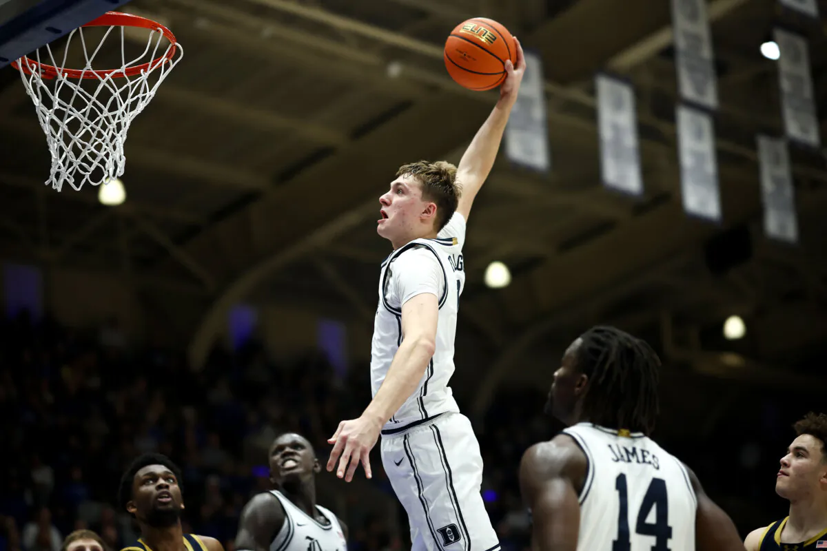 Cooper Flagg (2) of the Duke Blue Devils dunks the ball during the second half of the game against the Notre Dame Fighting Irish at Cameron Indoor Stadium in Durham, N.C., on Jan. 11, 2025. (Jared C. Tilton/Getty Images)