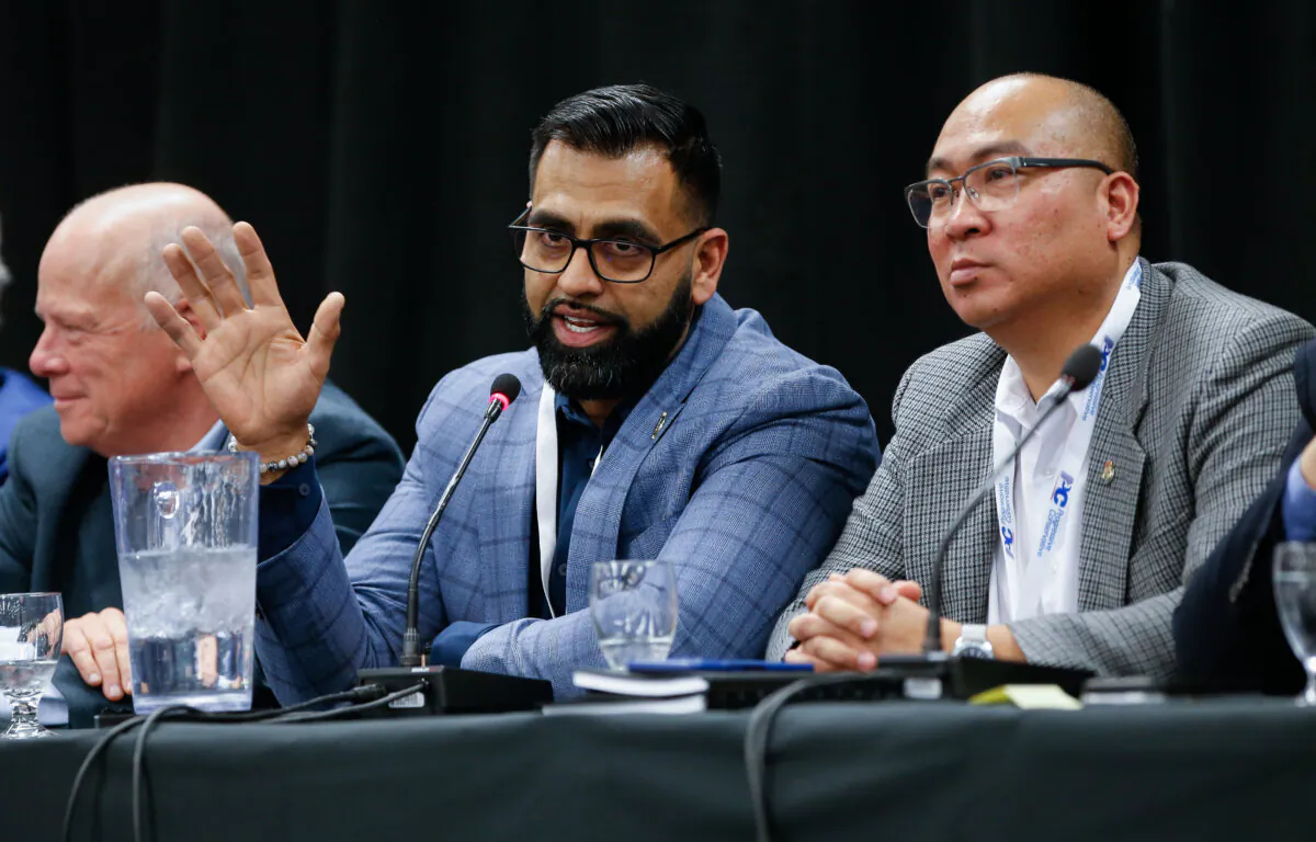 Manitoba PC legislature member Obby Khan speaks at a Ministerial Bear Pit Session during the Progressive Conservative Party's annual general meeting at the convention centre in Winnipeg on April 15, 2023. (The Canadian Press/John Woods)