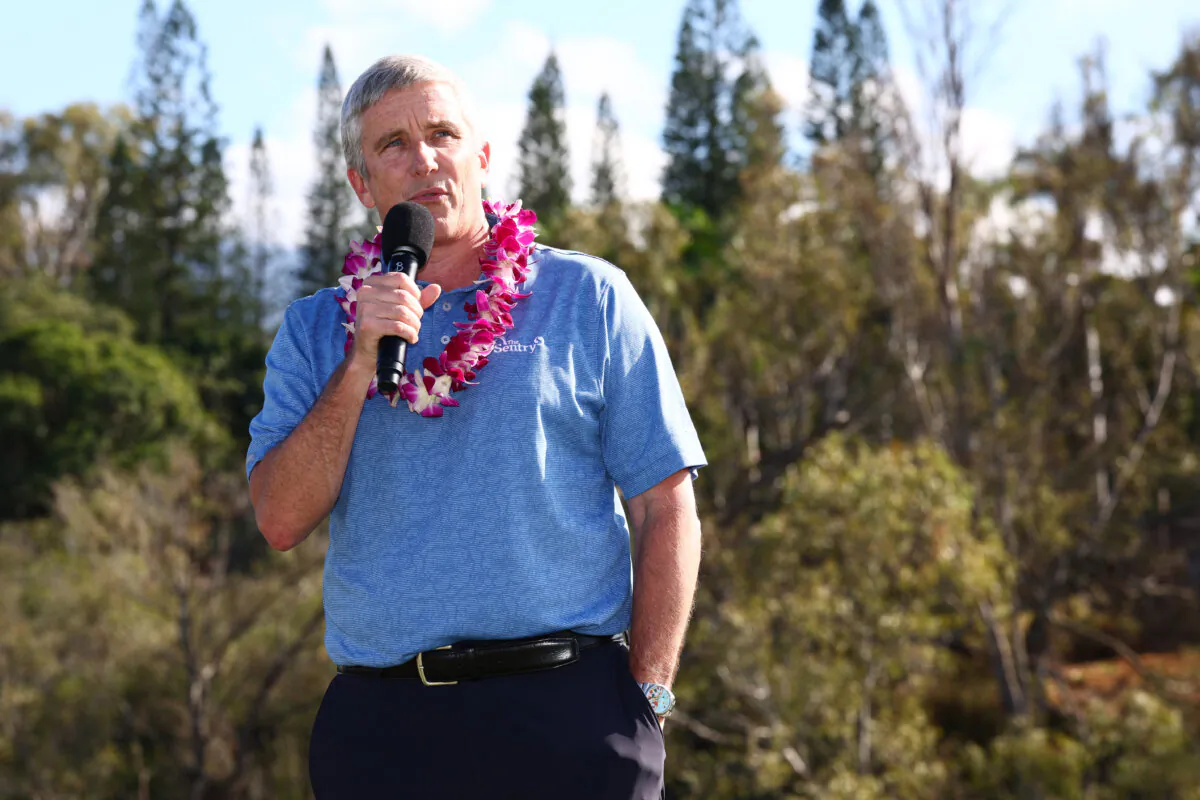 PGA Tour commissioner Jay Monahan speaks during the trophy ceremony following the final round of The Sentry 2025 at Plantation Course at Kapalua Golf Club in Kapalua, Hawaii, on Jan. 5, 2025. (Maddie Meyer/Getty Images)