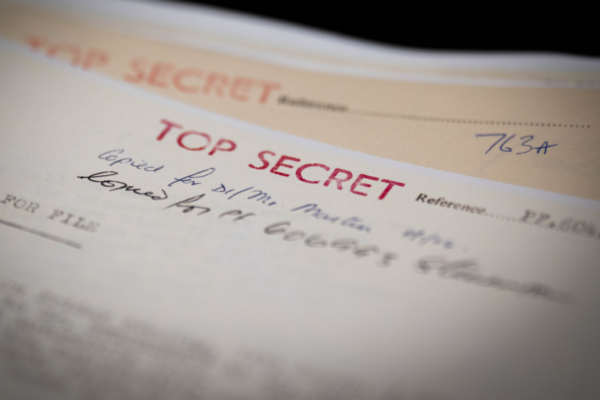 Top Secret markings on some of the files MI5 has made available to the National Archives in Kew, west London, England, on Jan. 13, 2025. (James Manning/PA Wire)