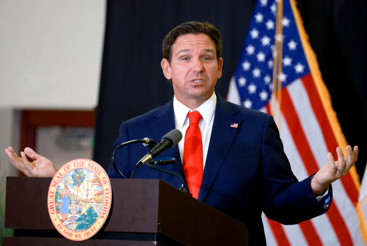 Gov. Ron DeSantis speaks during a press conference in West Palm Beach, Fla., on Sept. 17. (Joe Raedle/Getty Images)