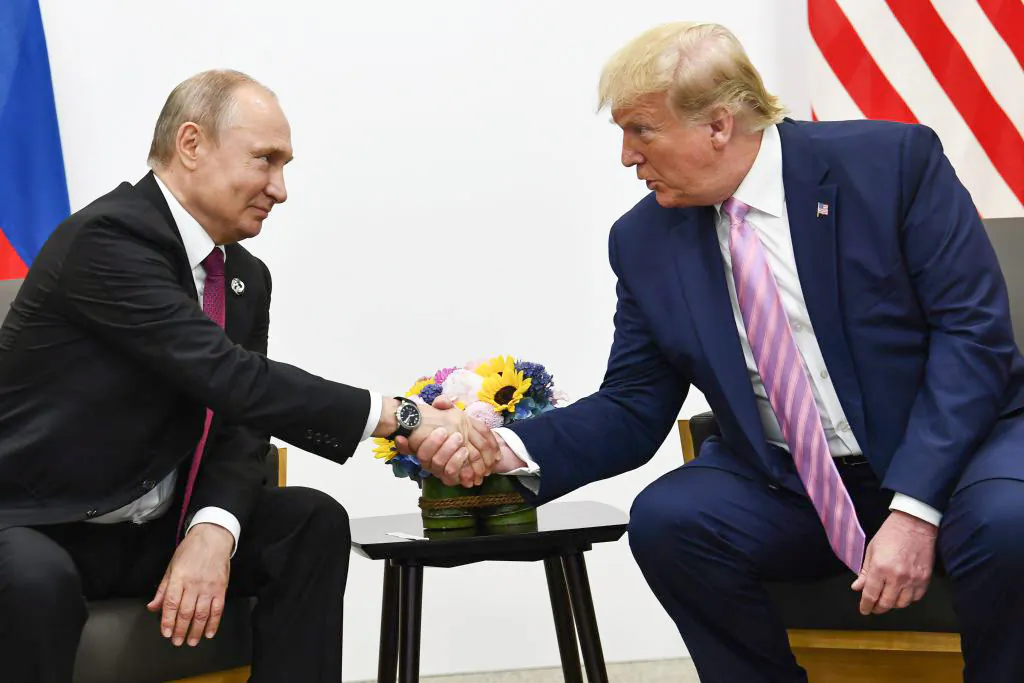 President Donald Trump (R) attends a meeting with Russian President Vladimir Putin (L) during the G-20 summit in Osaka, Japan, on June 28, 2019. (Brendan Smialowski/AFP/Getty Images)