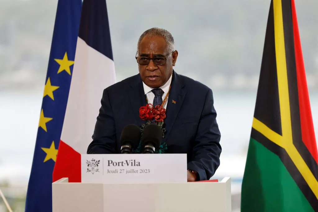 Australia will be hoping for the return of former Vanuatu Prime Minister Ishmael Kalsakau, seen here speaking during a visit by French President Emmanuel Macron in Port Vila on July 27, 2023. (LUDOVIC MARIN/AFP via Getty Images)