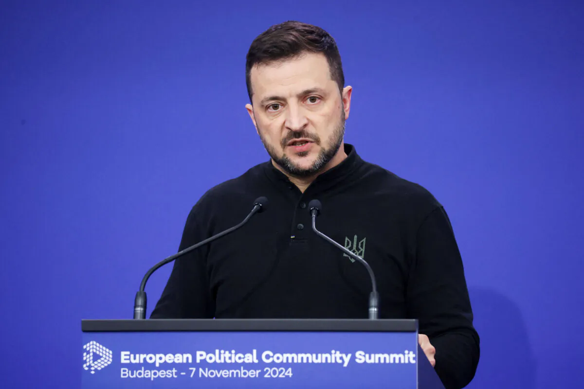 Ukrainian President Volodymyr Zelenskyy speaks at a press conference during the European Political Community Summit in Budapest, Hungary, on Nov. 7, 2024. (Bernadett Szabo/Reuters)