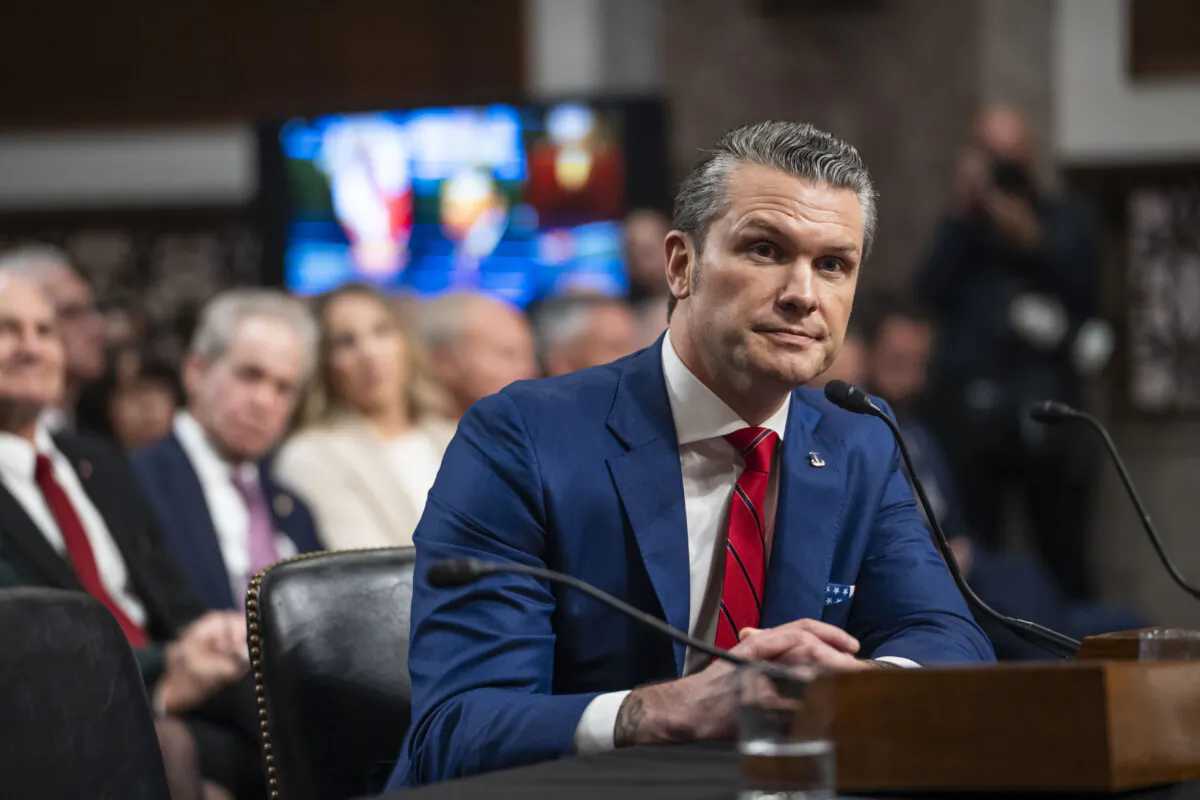 President-elect Donald Trump's nominee for Defense Secretary, Pete Hegseth, testifies before the Senate Armed Services Committee in Washington on Jan. 14, 2025. (Madalina Vasiliu/The Epoch Times)