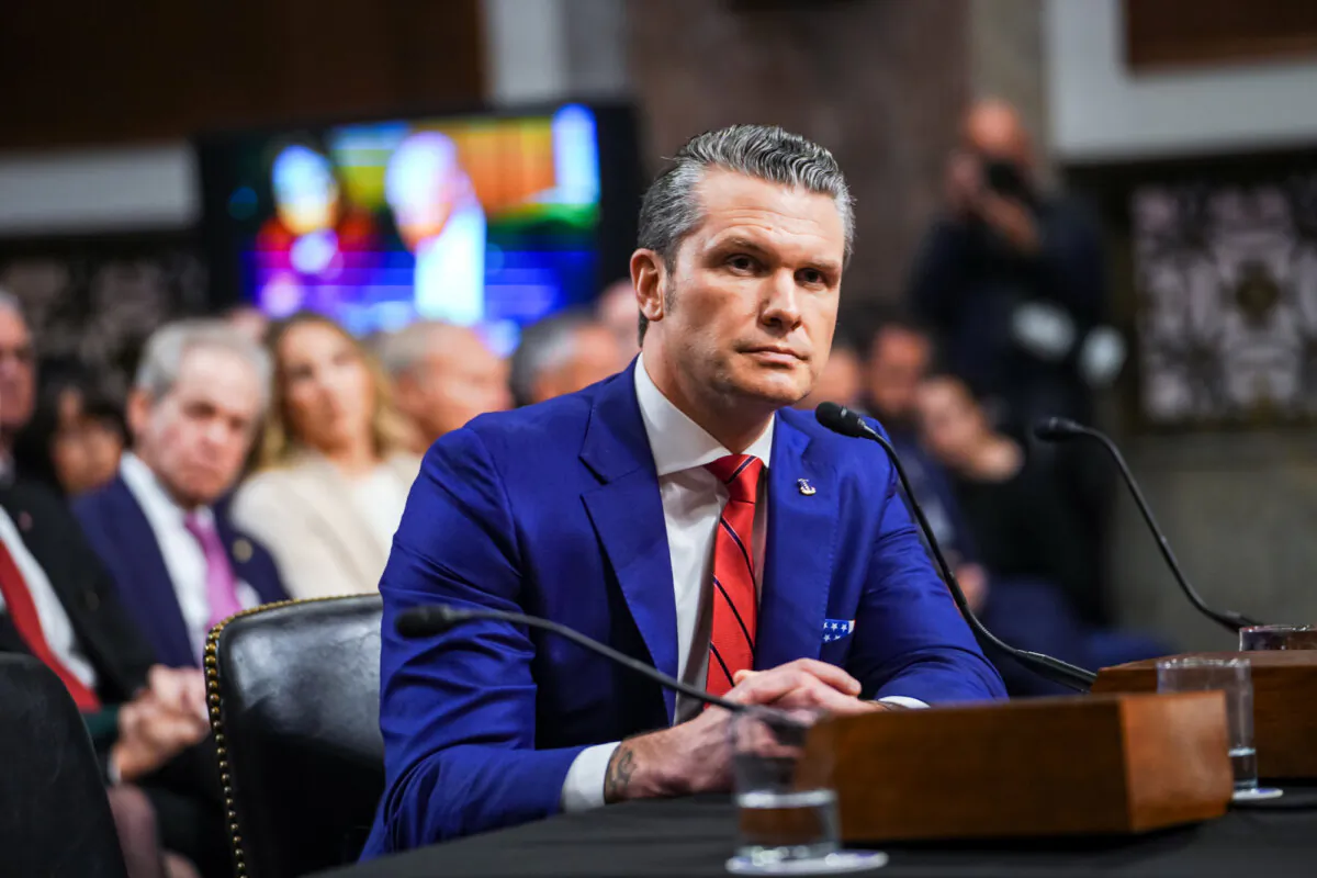 President-elect Donald Trump's nominee for Defense Secretary, Pete Hegseth, testifies before the Senate Armed Services Committee in Washington on Jan. 14, 2025. (Madalina Vasiliu/The Epoch Times)