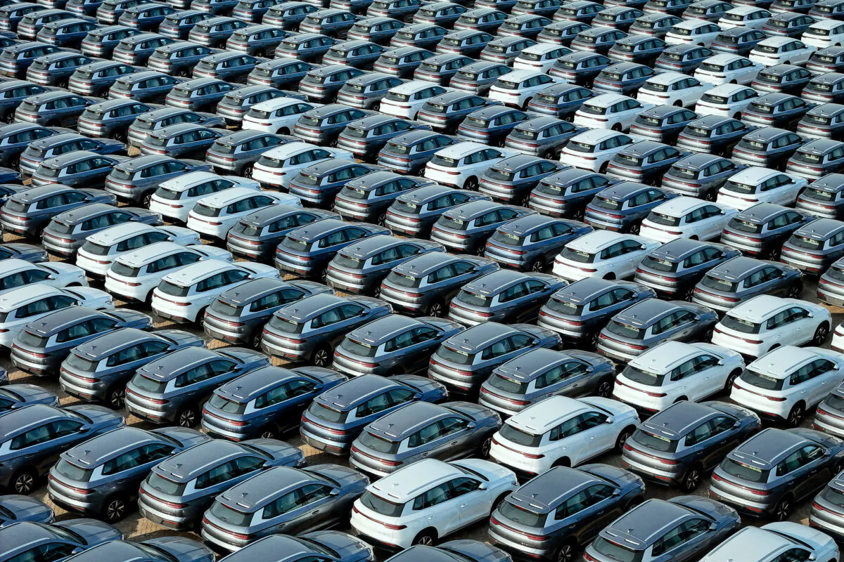 This photo taken on April 18, 2024, shows BYD electric cars for export waiting to be loaded onto a ship at a port in Yantai, in eastern China's Shandong province. (STR/AFP via Getty Images)