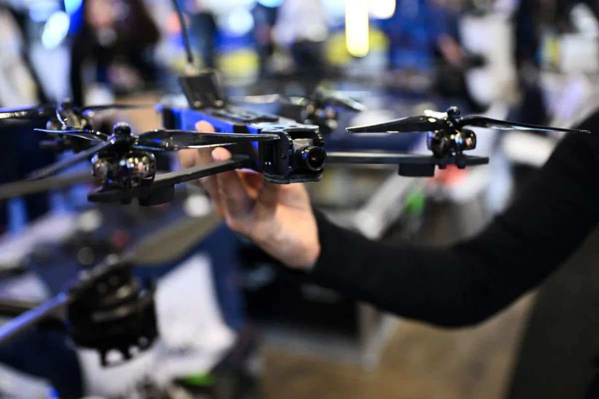 The Skyfall SHRIKE FPV drone from Ukraine is displayed in the Ukrainian technology pavilion at the Consumer Electronics Show (CES) in Las Vegas, Nevada, on Jan. 7, 2025. (PATRICK T. FALLON/AFP via Getty Images)