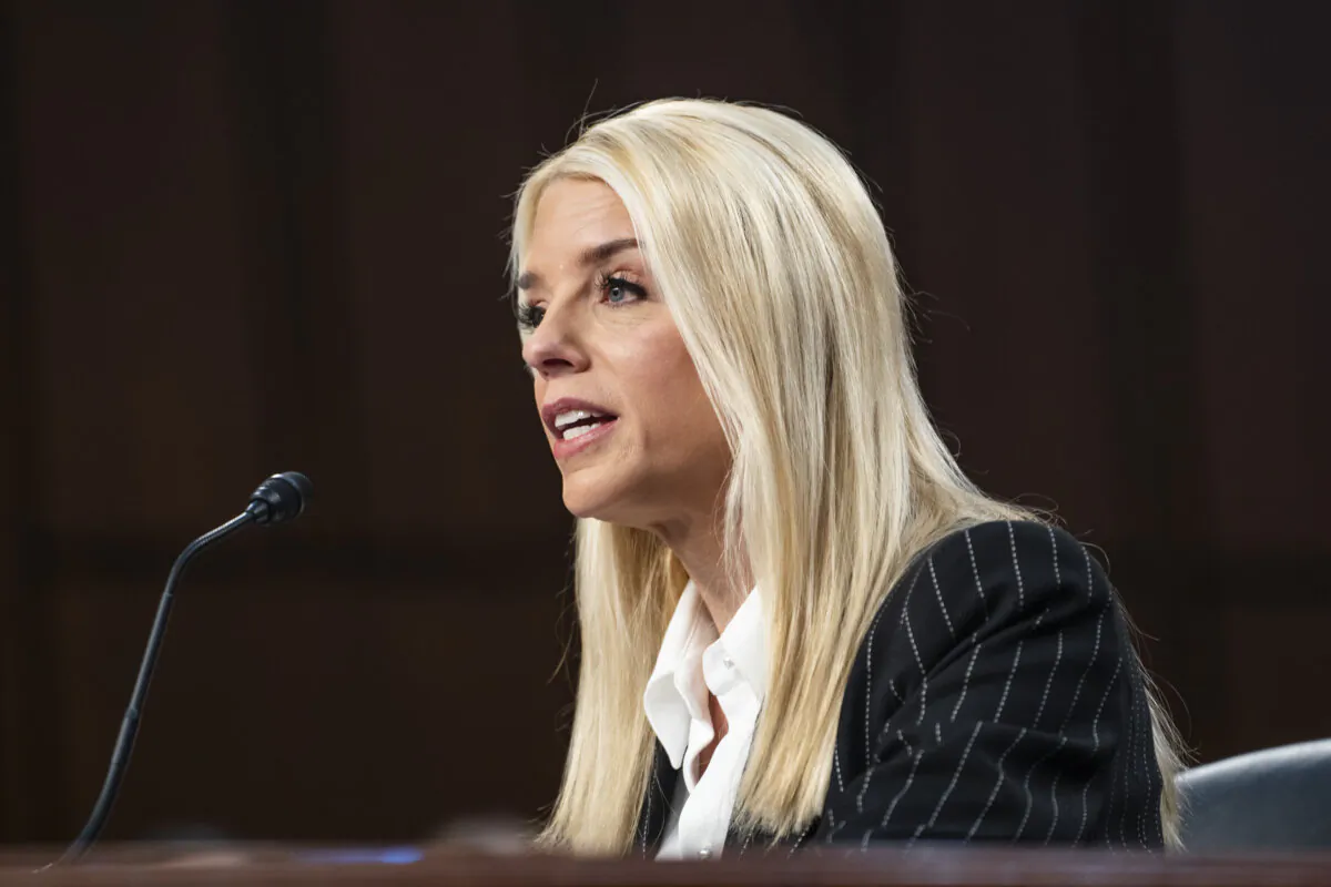 President Donald Trump's nominee for attorney general, Pamela Bondi, testifies before the Senate Committee on Judiciary on Capitol Hill in Washington on Jan. 15, 2025. (Madalina Vasiliu/The Epoch Times)