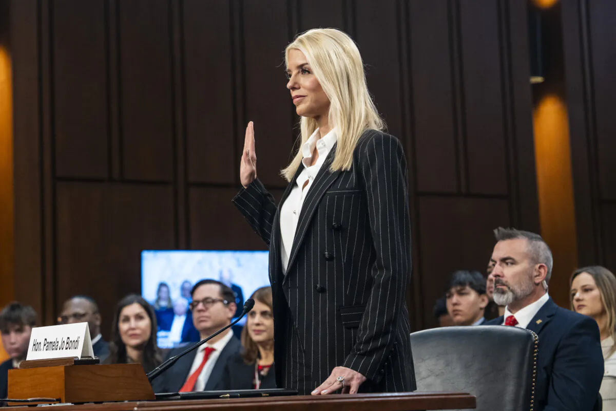 Pam Bondi, President-elect Donald Trump's nominee for U.S. attorney general, is sworn in ahead of testifying before the Senate Judiciary Committee in Washington on Jan. 15, 2025. (Madalina Vasiliu/The Epoch Times)