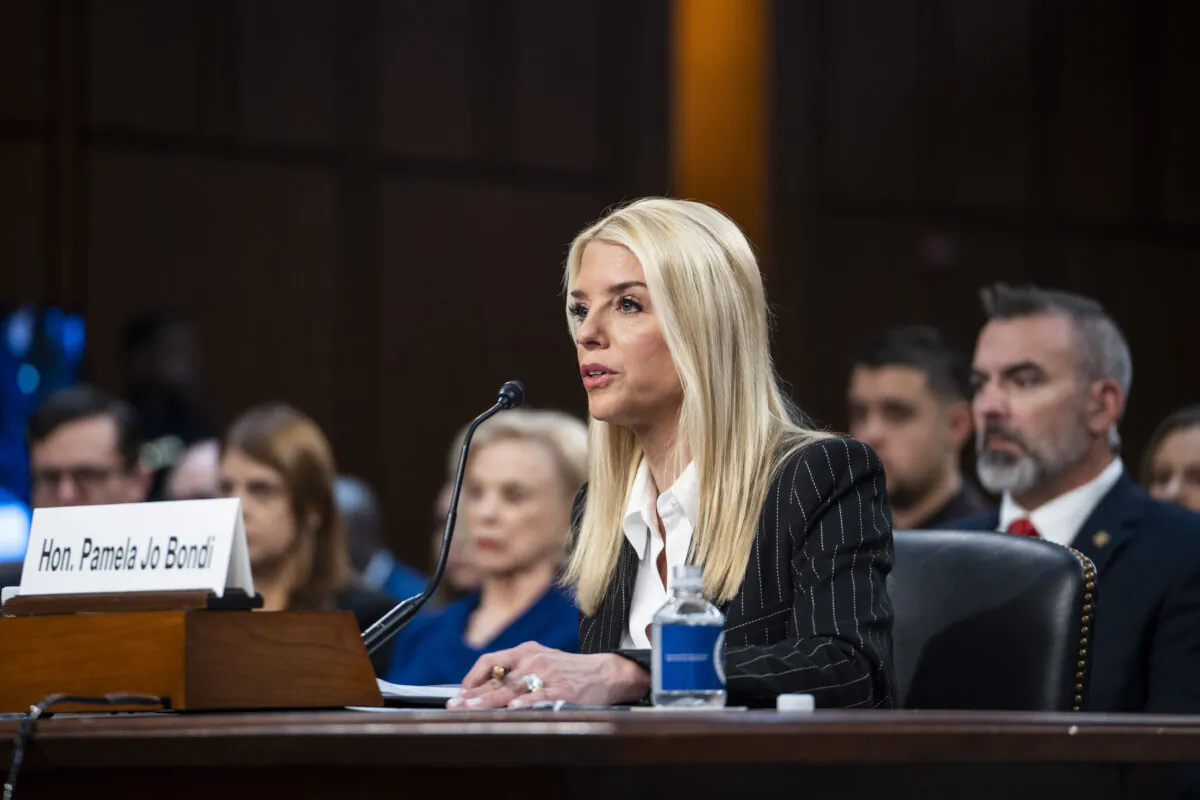 President-elect Donald Trump's nominee for Attorney General, Pamela Bondi, testifies before the Senate Committee on Judiciary on Capitol Hill in Washington on Jan. 15, 2025. (Madalina Vasiliu/The Epoch Times)