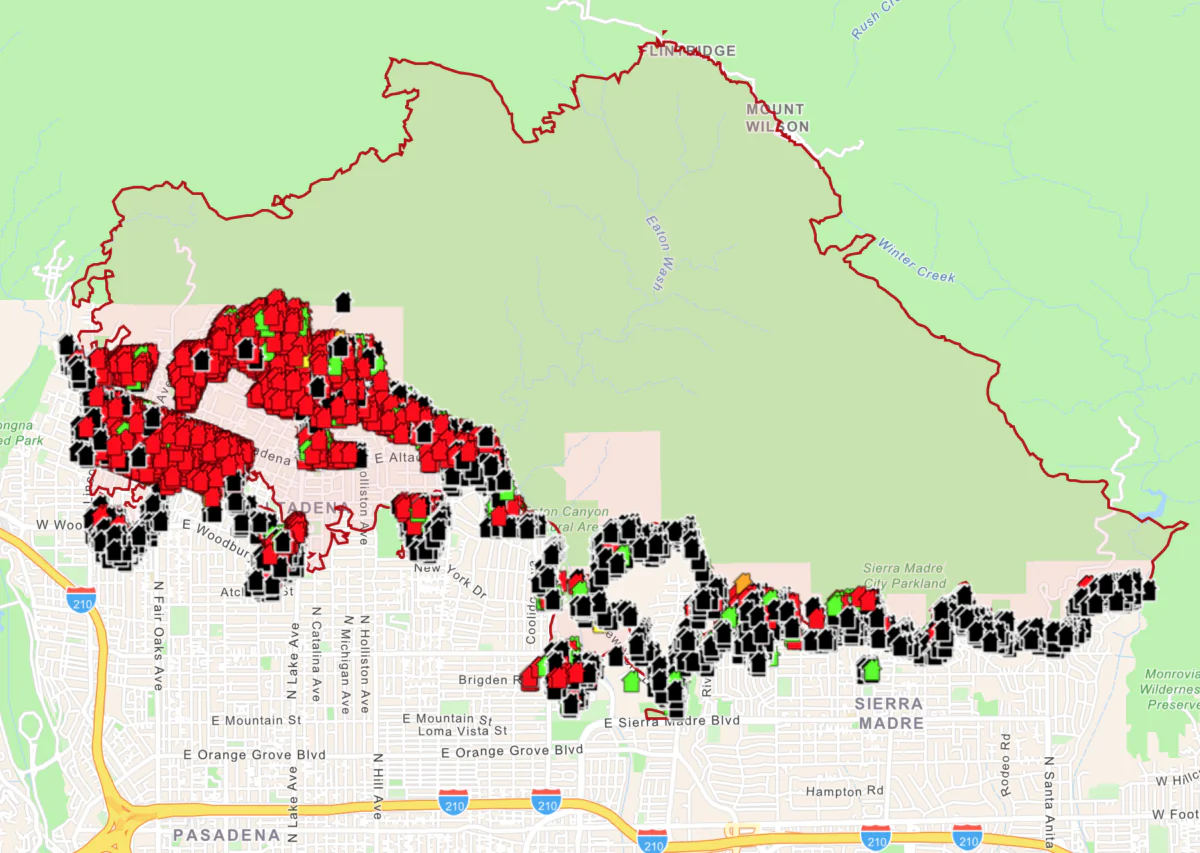 A preliminary map showing damage assessments for homes and other structures from the Eaton fire, east of Los Angeles, on Jan. 15, 2024. (Los Angeles County/Screenshot via The Epoch Times)