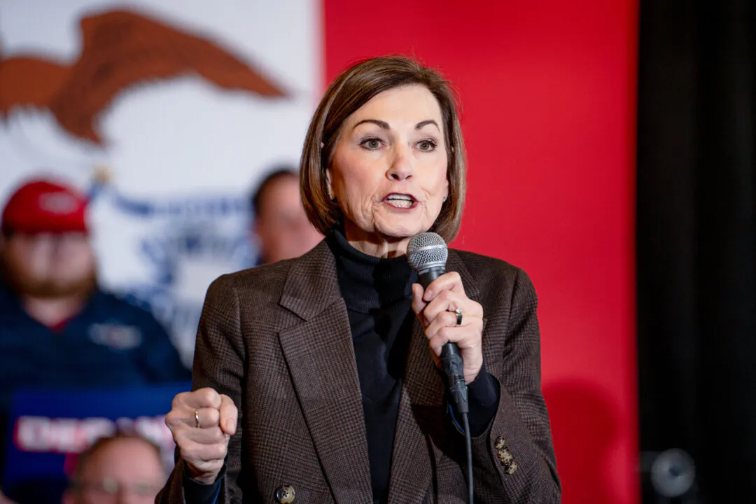 Iowa Gov. Kim Reynolds speaks at an event in Ankeny, Iowa, on Jan. 14, 2024. (Madalina Vasiliu/The Epoch Times)
