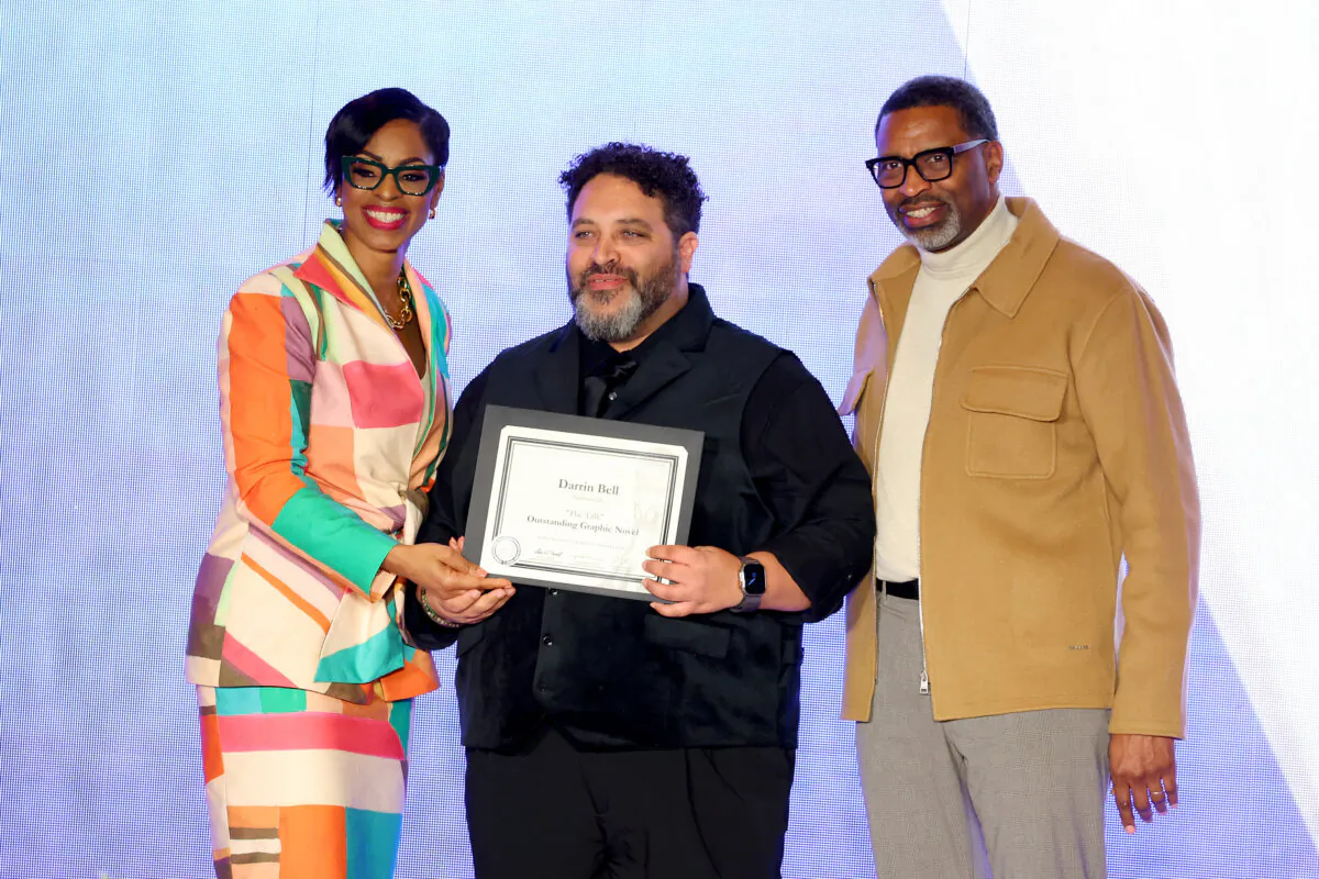 Karen Boykin-Towns, Vice-Chair of NAACP Board of Directors, editorial cartoonist Darrin Bell, and CEO of NAACP Derrick Johnson during the NAACP Image Awards Nominees Brunch at Fairmont Century Plaza in Los Angeles, California, on Feb. 25, 2024. (Leon Bennett/Getty Images for NAACP)