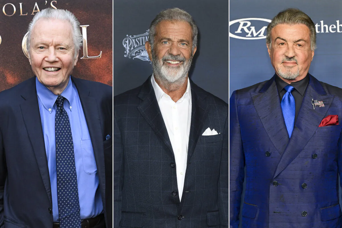 (Left) Actor Jon Voight in Los Angeles on Sept. 23, 2024; (Center) Actor and filmmaker Mel Gibson at the DGA Theater Complex in Los Angeles on Sept. 24, 2024; (Right) Sylvester Stallone attends amfAR Las Vegas at Wynn Las Vegas in Las Vegas on Nov. 22, 2024. (Jon Kopaloff/Getty Images for Lionsgate; Valerie Macon/AFP via Getty Images; David Becker/Getty Images)