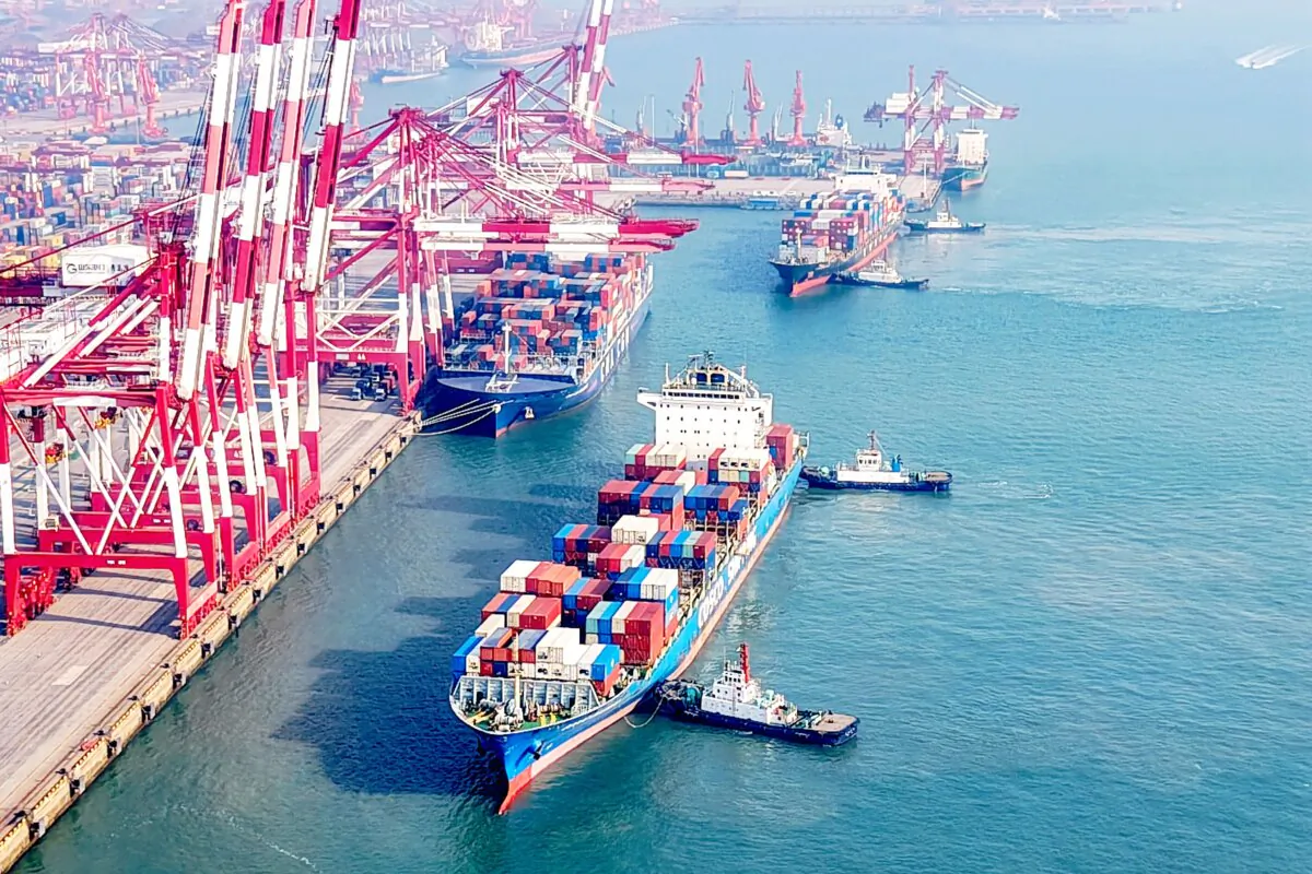 Cargo ships loaded with containers berthing in Qingdao Port, Shandong Province, China, on Jan. 13, 2025. (STR/AFP via Getty Images)