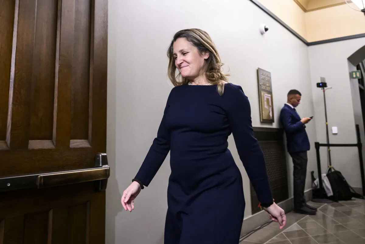 Liberal MP Chrystia Freeland, former minister of finance and deputy prime minister, leaves after attending a meeting of the Liberal Caucus in West Block on Parliament Hill in Ottawa on Jan. 8, 2025. (The Canadian Press/Justin Tang)