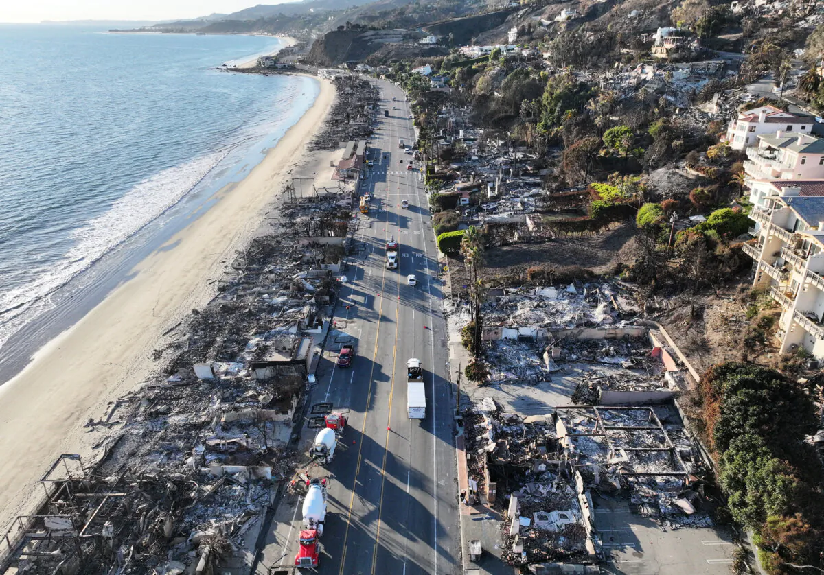 An aerial view of a beachside homes destroyed in the Palisades Fire along Pacific Coast Highway as wildfires cause damage and loss through the Los Angeles area in Malibu, Calif., on Jan. 16, 2025. (Mario Tama/Getty Images)