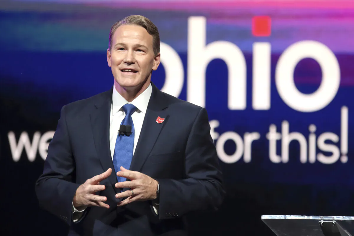 Ohio Lt. Gov. Jon Husted speaks during a news conference in Newark, Ohio, on Jan. 21, 2022. (Paul Vernon/AP Photo)