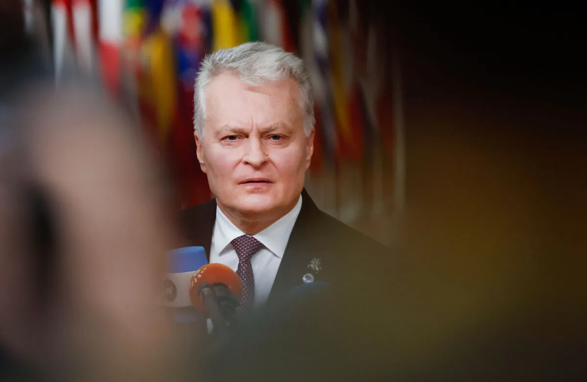 Lithuania's President Gitanas Nauseda speaks with the media as he arrives for a European Union summit at the European Council building in Brussels on Dec. 19, 2024. (Geert Vanden Wijngaert /AP Photo)