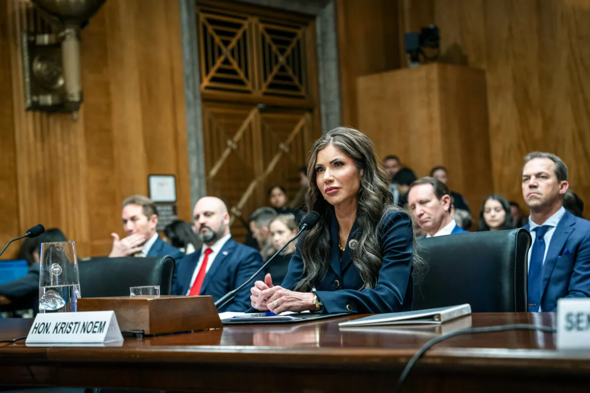 President-elect Donald Trump's nominee for secretary of the U.S. Department of Homeland Security, Kristi Noem, testifies before the Senate Committee on Homeland Security and Governmental Affairs on Capitol Hill in Washington on Jan. 17, 2025. (Madalina Vasiliu/The Epoch Times)