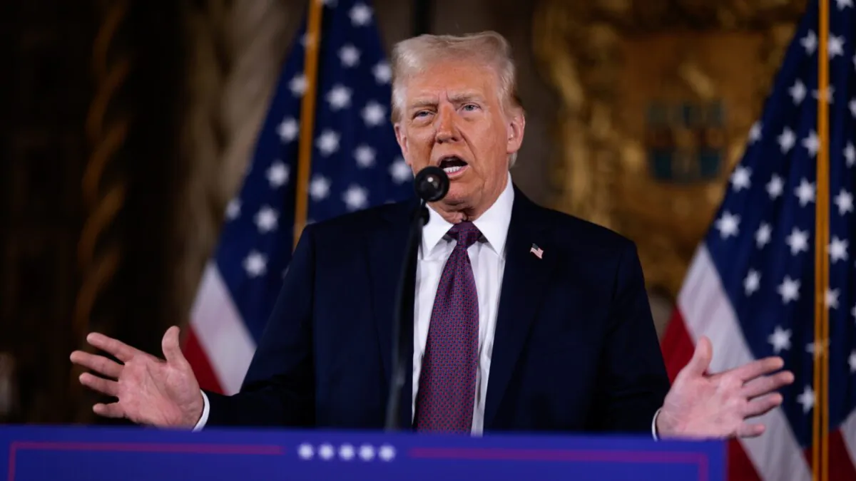 President-elect Donald Trump speaks to members of the media during a press conference at the Mar-a-Lago Club in Palm Beach, Florida on Jan. 7, 2025. (Scott Olson/Getty Images)
