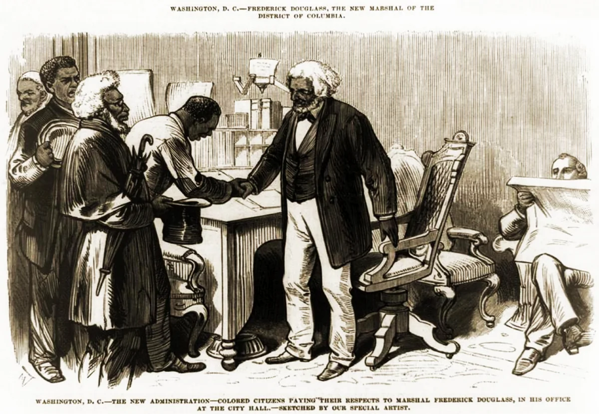 An 1877 drawing depicts Frederick Douglass meeting some of his African American constituents, after accepting his new position: U.S. Marshal of the District of Columbia. (Public Domain)