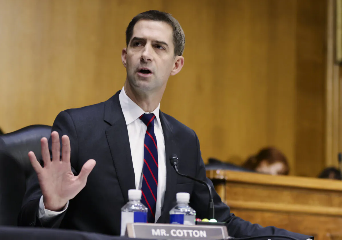 Sen. Tom Cotton (R-Ark.) speaks at a Senate Judiciary Committee hearing about oversight of the Department of Justice in Washington, on Oct. 27, 2021. (Tasos Katopodis/Getty Images)