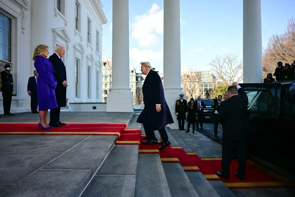 President Joe Biden and First Lady Jill Biden greet President-elect Donald Trump and his wife, Melania Trump, as they arrive at the White House in Washington, on Jan. 20, 2025. (Jim Watson/AFP via Getty Images)